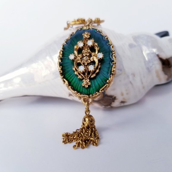 VTG LJM Emerald Green & Gold Enamel Necklace | Tassel Pendant | Mid-Century Glam - Picture 4 of 11